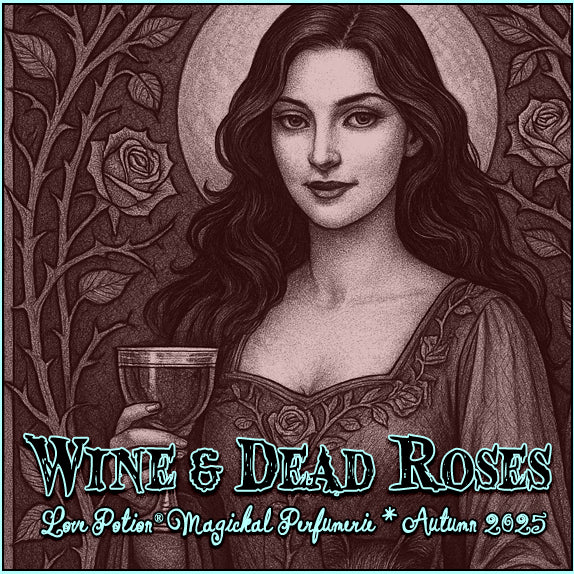 Label for Wine & Dead Roses – a dusty roses, wine, and dark chocolate perfume – featuring a woman holding a wine glass.