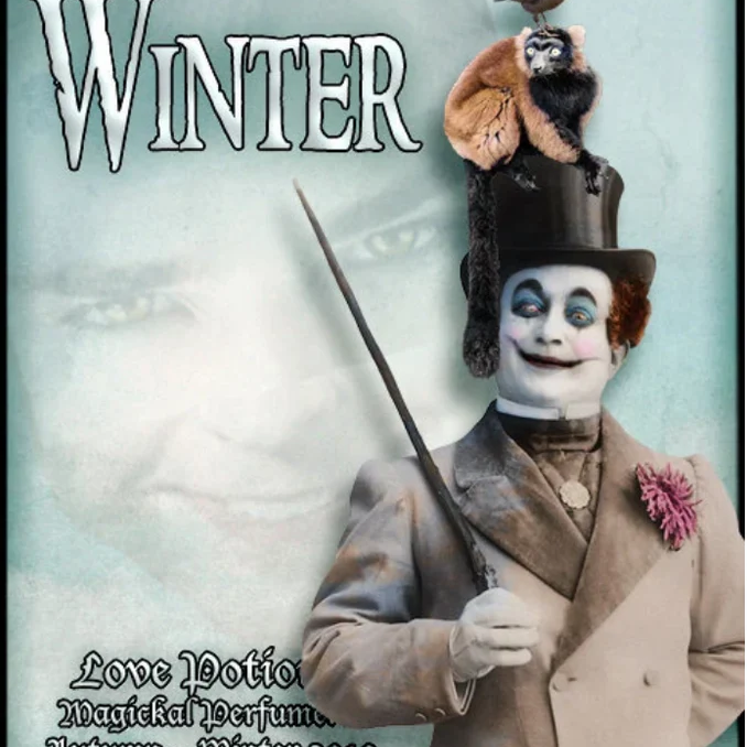 Winter clean perfume focuses on frosty forest scents. The label features a whimsical man with a cane, lemur, and pigeon.