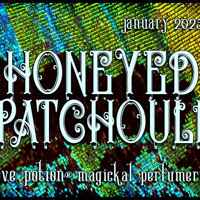 Honeyed Patchouli layerable perfume by Love Potion. Label shows peacock feathers.