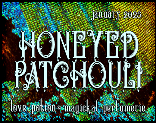 Honeyed Patchouli layerable perfume by Love Potion. Label shows peacock feathers.