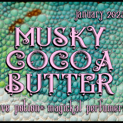 Musky Cocoa Butter layerable perfume by Love Potion. Label shows green and teal lizard scales.