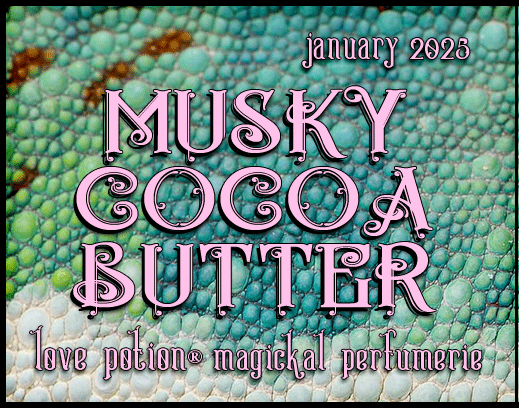 Musky Cocoa Butter layerable perfume by Love Potion. Label shows green and teal lizard scales.