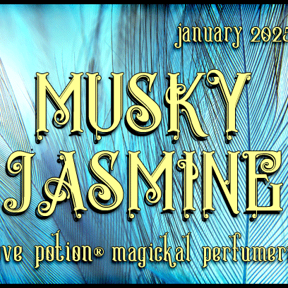 Musky Jasmine layerable perfume by Love Potion. Label shows feathers in blue light.