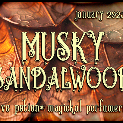 Musky Sandalwood layerable perfume by Love Potion. Label shows bronze leaves.