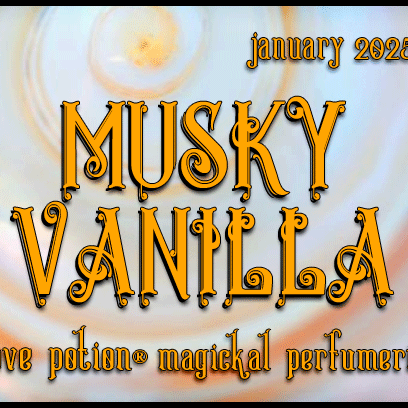 Musky Vanilla layerable perfume by Love Potion. Label shows golden swirls.