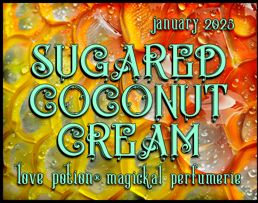 Sugared Coconut Cream layerable perfume by Love Potion. Label shows yellow and orange petals.