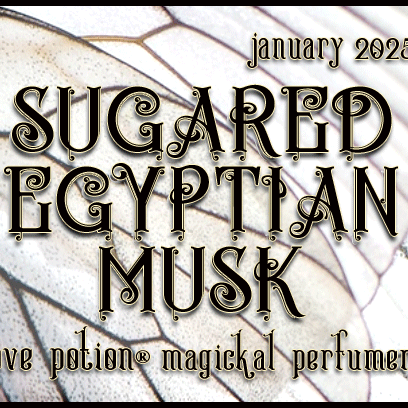 Sugared Egyptian Musk layerable perfume by Love Potion. Label shows white and black butterfly wings.