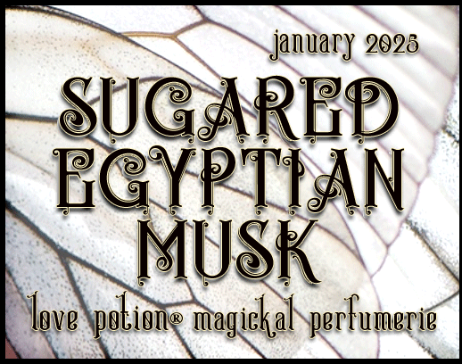 Sugared Egyptian Musk layerable perfume by Love Potion. Label shows white and black butterfly wings.