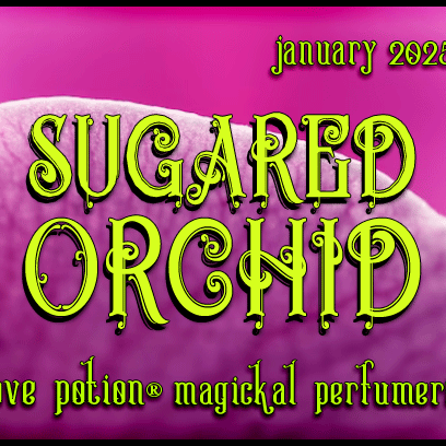 Sugared Orchid layerable perfume by Love Potion. Label shows fuchsia orchid petals.