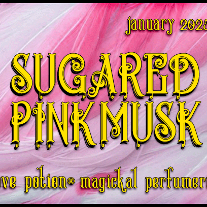 Sugared Pink Musk layerable perfume by Love Potion. Label shows pink feathers.