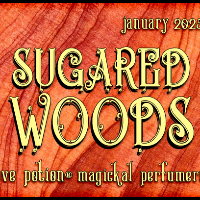 Sugared Woods layerable perfume by Love Potion. Label shows red wood grain.