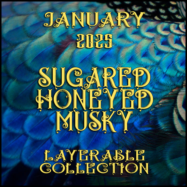 Sugared, honeyed, and musky layerable perfumes. Announcement art shows peacock feathers.