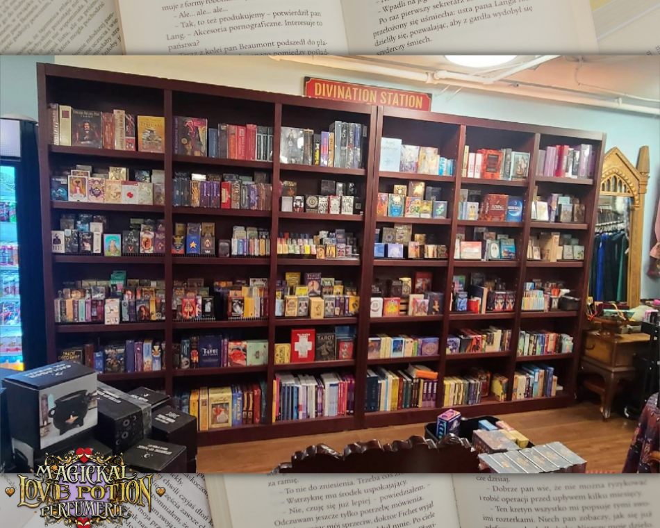 Our wall of Tarot and oracle decks at Love Potion Magickal Marketplace.