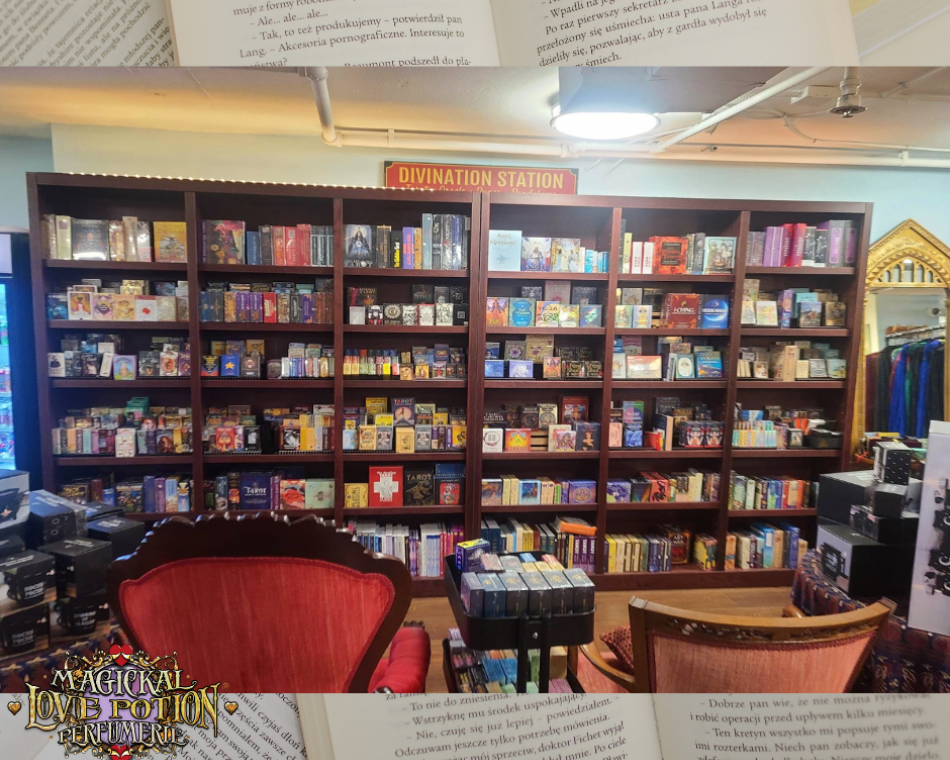 The wall of decks on display at Love Potion Magickal Marketplace.