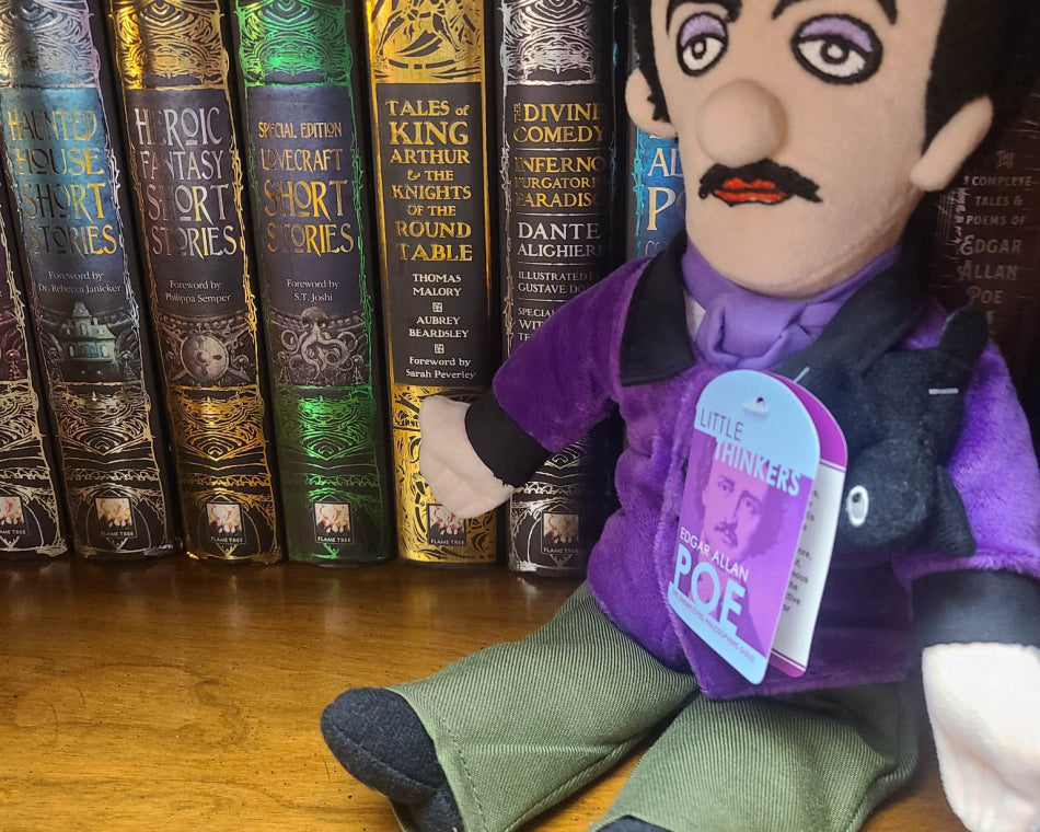 This image is of a plushie of Edgar Allen Poe sitting on the shelf with books behind him.