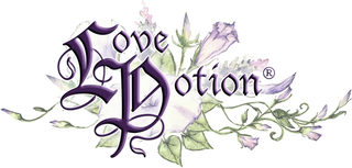 Latest Love Potion full logo with translucent watercolor purple and blue flowers.