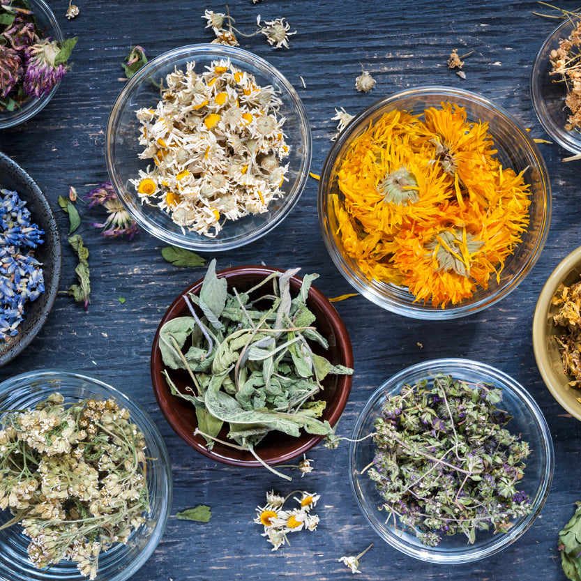 Bowls of various herbs and flowers used to make meaningful, clean perfume