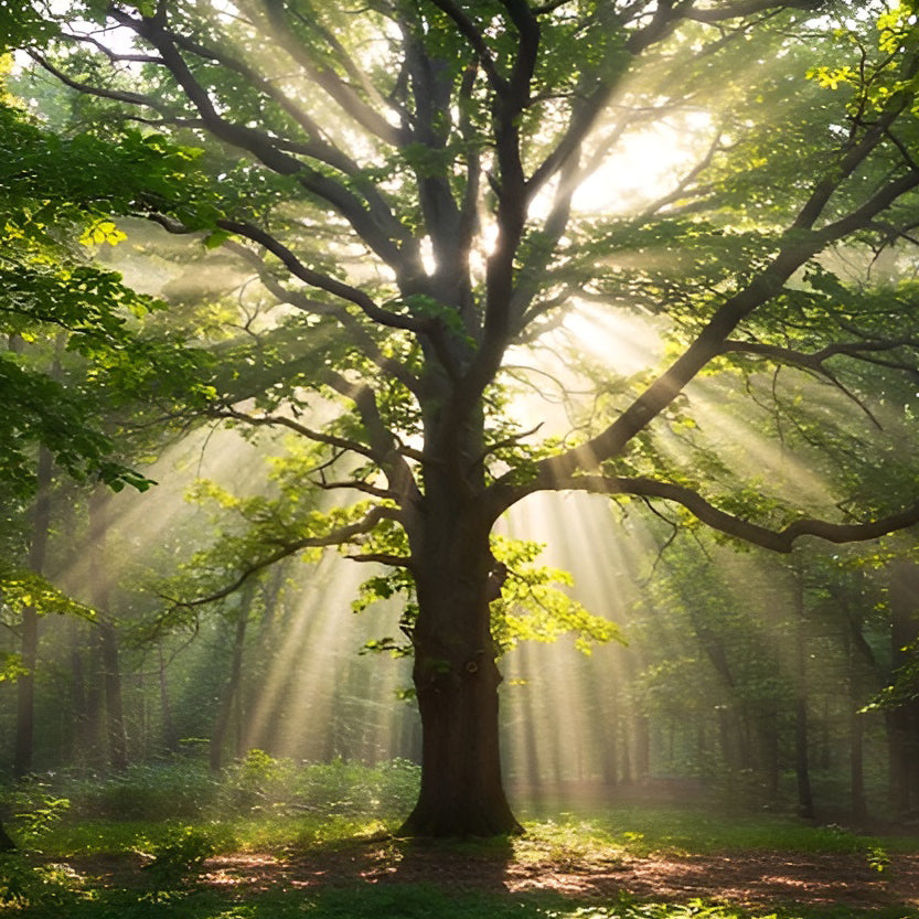 A large, magical tree haloed by sunlight in a forest