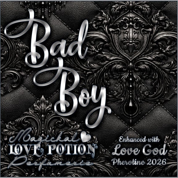 Label for Bad Boy cologne – sheer leather & bourbon vanilla scent w/ Love God pheromones – features black leather damask.