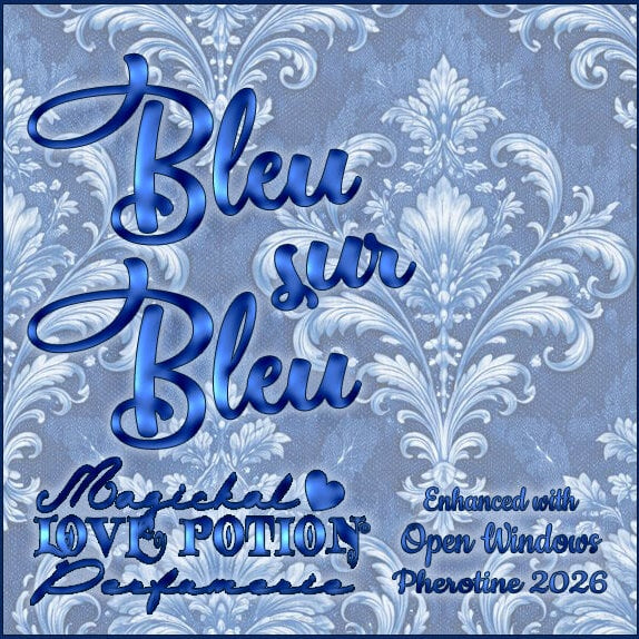 Label for Bleu sur Bleu – sugary blue raspberry perfume w/ Open Windows pheromones – features blue and white floral damask.