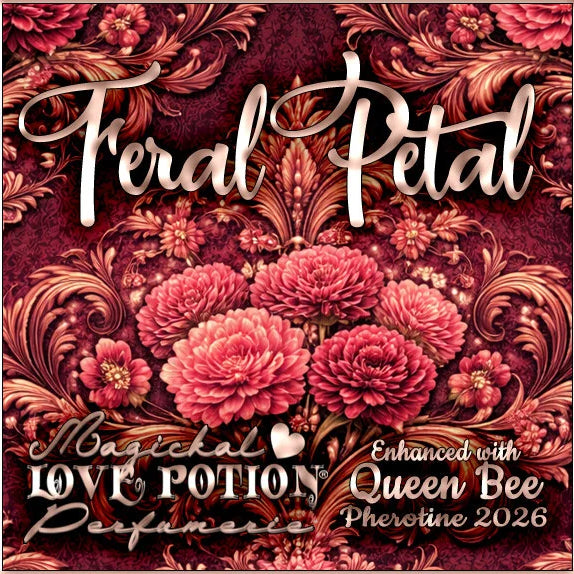 Label for Feral Petal – bright, tart fruity floral perfume w/ Queen Bee pheromone blend – features salmon pink floral damask.