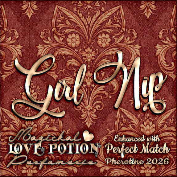 Label for Girl Nip – sandalwood and resin perfume w/ Perfect Match pheromones – features red cat-like damask patterns.
