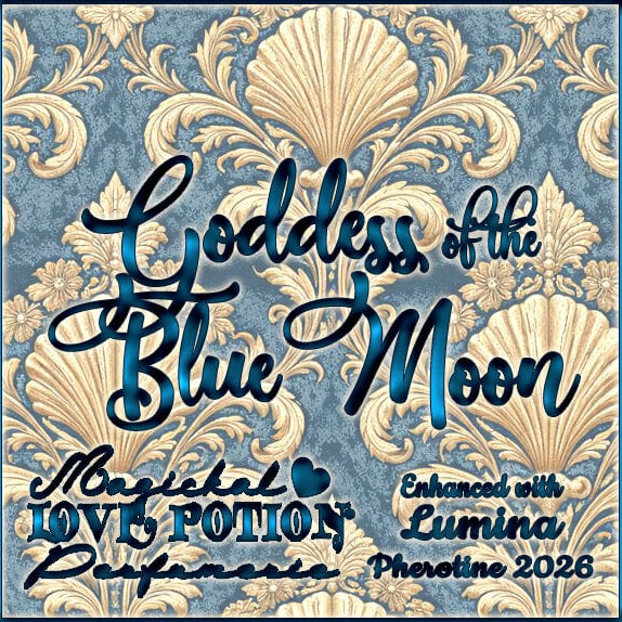 Label for Goddess of the Blue Moon – elegant watery floral perfume w/ Lumina pheromones – features damask seashell pattern.