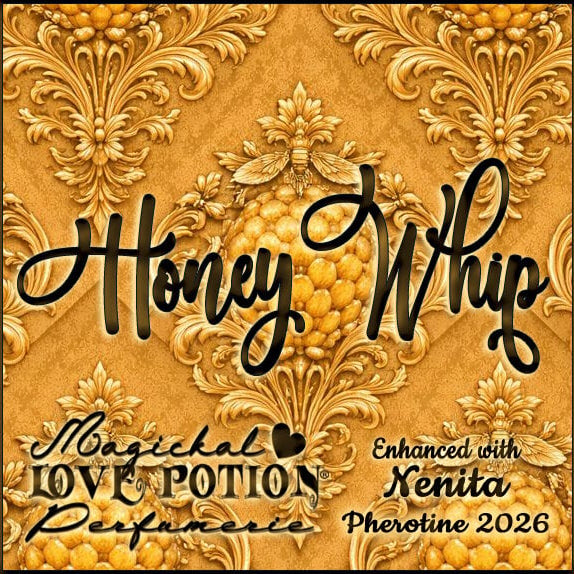 Label for Honey Whip – creamy honey marshmallow perfume w/ Nenita pheromones – features golden honeycomb and bee damask.