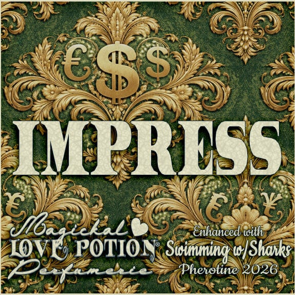 Label for Impress – shower fresh perfume w/ Swimming with Sharks pheromone blend – features emerald and gold damask.