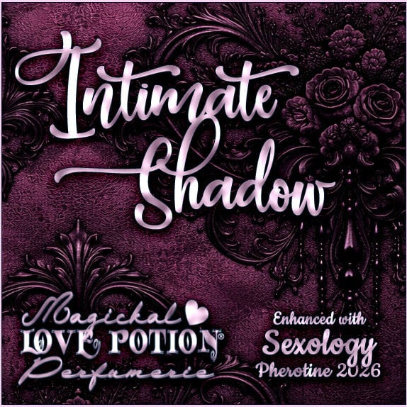 Label for Intimate Shadow – dark berries & incense perfume w/ Sexology pheromones – features plum rose damask on leather.