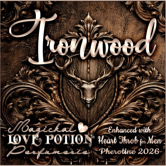 Label for Ironwood – earthy, woody coffee oud cologne w/ Heart Throb pheromones – features stag and shield leather damask.