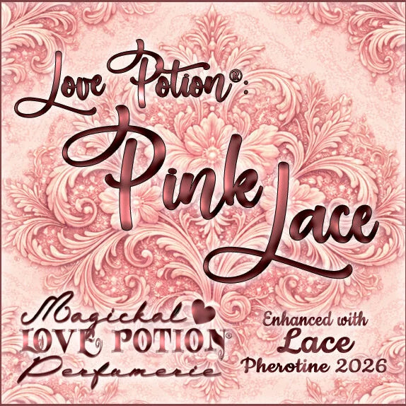Label for Pink Lace – peach perfume w/ Lace pheromone blend – features vintage damask wallpaper of pink flowers and leaves.