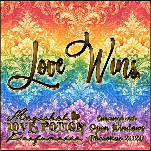 Label for Love Wins – resins, woods, and musk perfume w/ Open Windows pheromones – features rainbow damask.