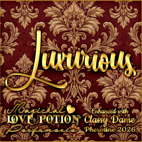 Label for Luxurious – rich, fruity floral perfume w/ Classy Dame pheromones – features maroon and gold damask.