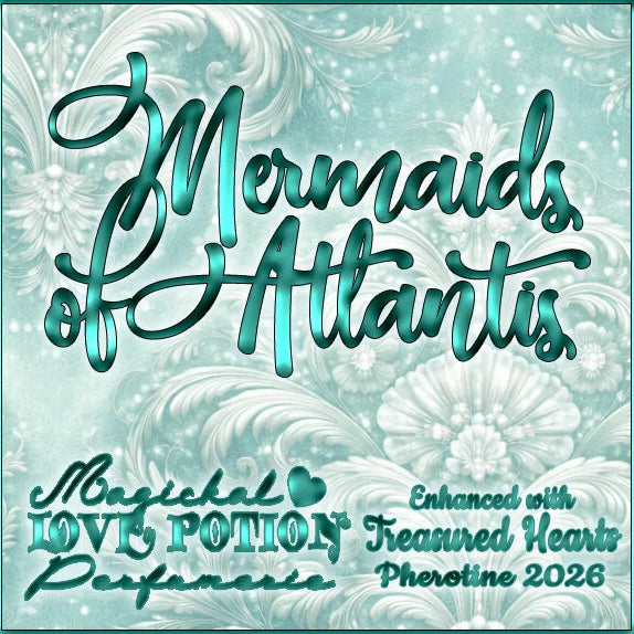 Label for Mermaids of Atlantis – tropical ocean perfume w/ Treasured Hearts pheromones – features pearl and shell damask.