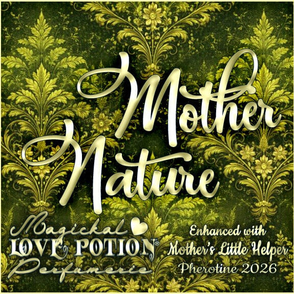 Label for Mother Nature – sunny garden perfume w/ Mother’s Little Helper pheromones – features green floral damask.