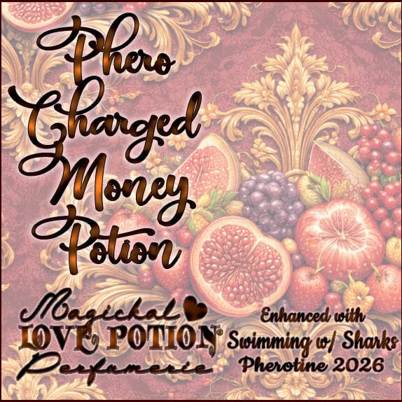 Label for Phero-Charged Money Potion – fruit salad perfume w/ Swimming with Sharks pheromones – features fruit damask.