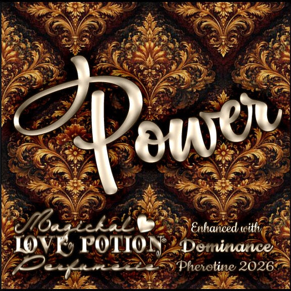 Label for Power – dark, rich, coffee and leather perfume w/ Dominance pheromones – features bronze floral damask.