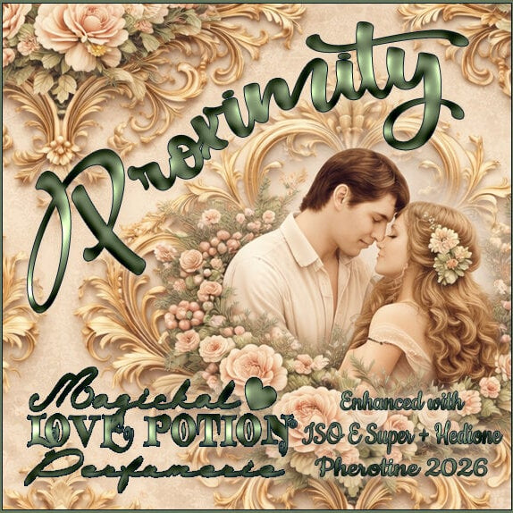 Label for Proximity w/ Iso E Super & Hedione – bright summer musk perfume – features damask art of a man, woman, & flowers.