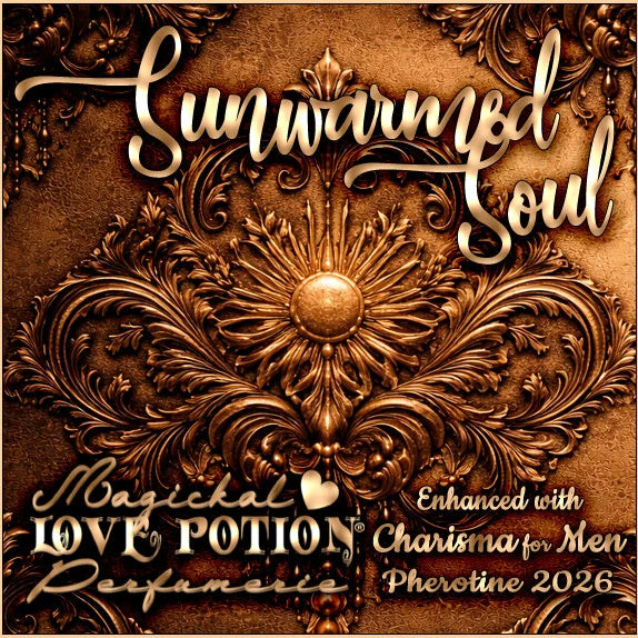 Label for Sunwarmed Soul – sunny citrus cologne w/ Charisma for Men pheromones – features damask sun wallpaper art.