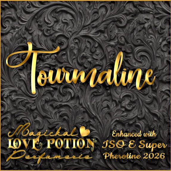 Label for Tourmaline – dark oud and mineral perfume w/ Iso E Super pheromone – features black vine damask and gold letters.