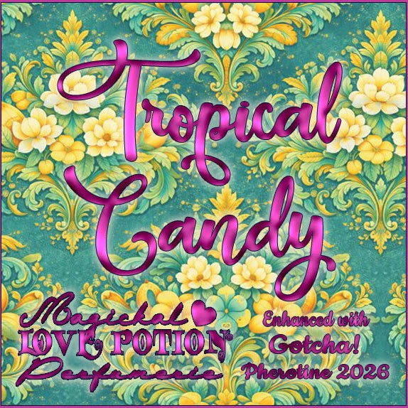 Label for Tropical Candy – fruity floral perfume w/ Gotcha! pheromones – features cream & teal tropical flower damask.