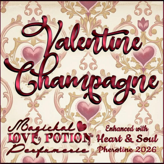 Label for Valentine Champagne – chocolate strawberry & champagne perfume w/ Heart & Soul pheromones – features heart damask.