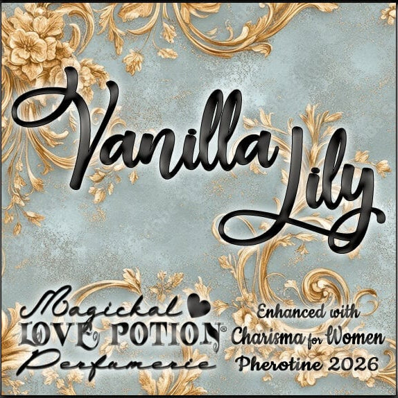 Label for Vanilla Lily – warm, floral, sheer perfume w/ Charisma for Women pheromones – features sea green and gold damask.