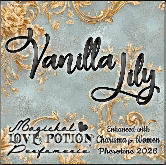 Label for Vanilla Lily – warm, floral, sheer perfume w/ Charisma for Women pheromones – features sea green and gold damask.