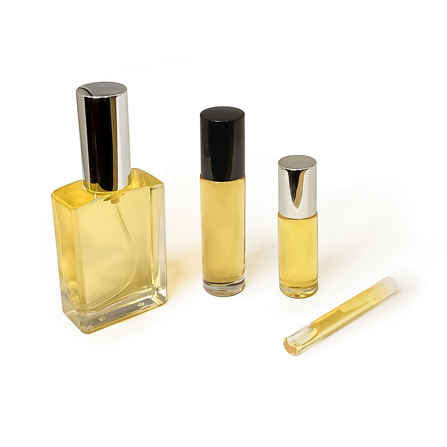 Perfume in a variety of spray and oil perfume bottle shapes and sizes, including trial size.
