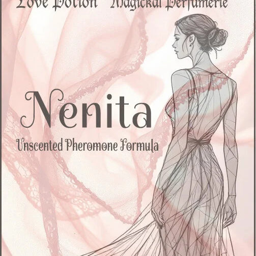 Label art for Nenita – a feminine, youthful pheromone blend – features a woman in a flowing dress against a pink background.