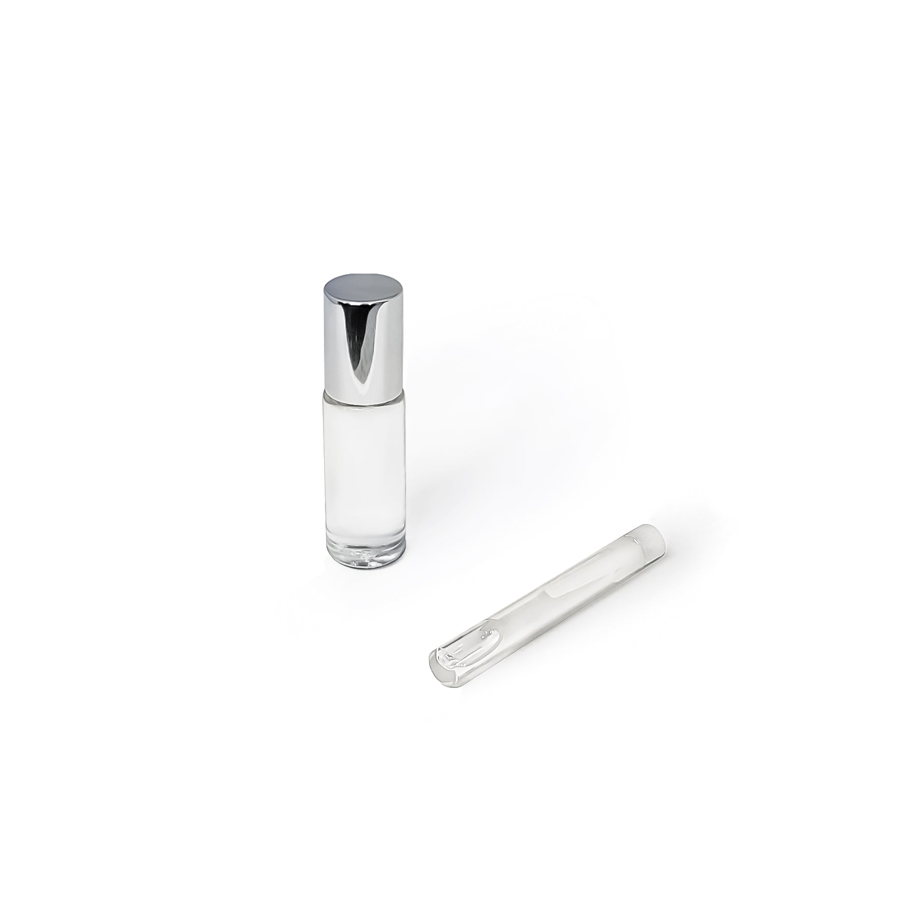 One glass pheromone roller bottle and one glass trial vial on a white background.