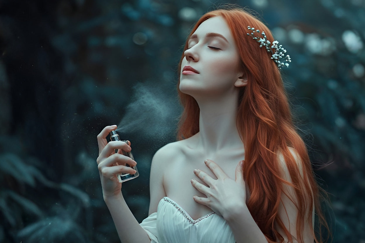 A woman in the woods wearing a wreath of flowers and spraying perfume on her neck with closed eyes.