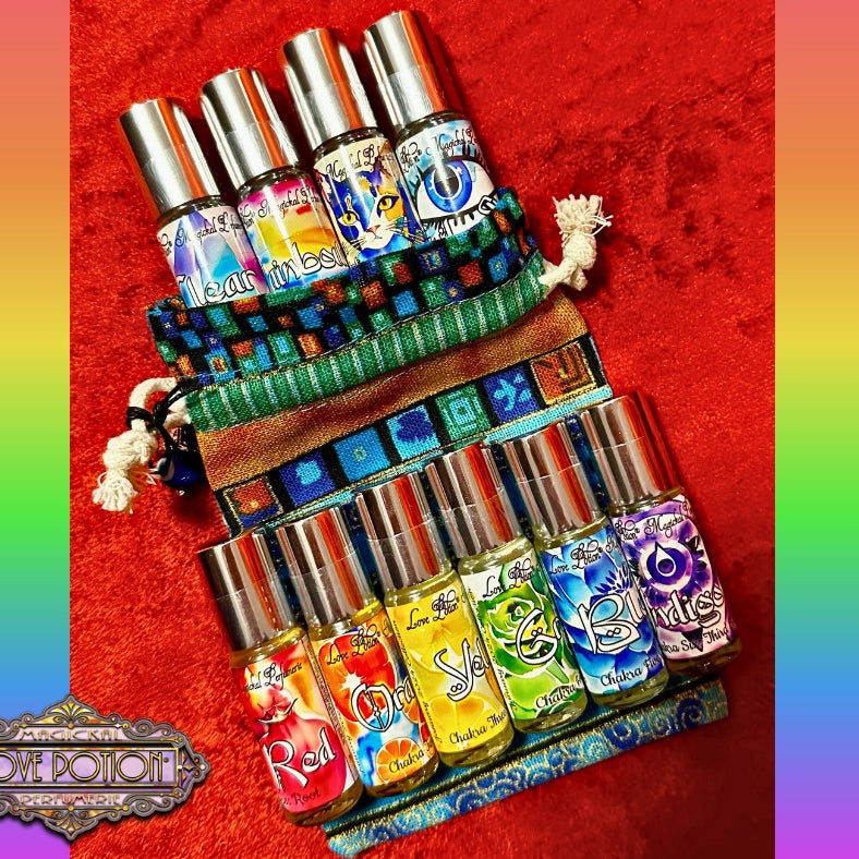Chakra inspired roll-on oil perfumes for spiritual alignment sold as a 10-pack.